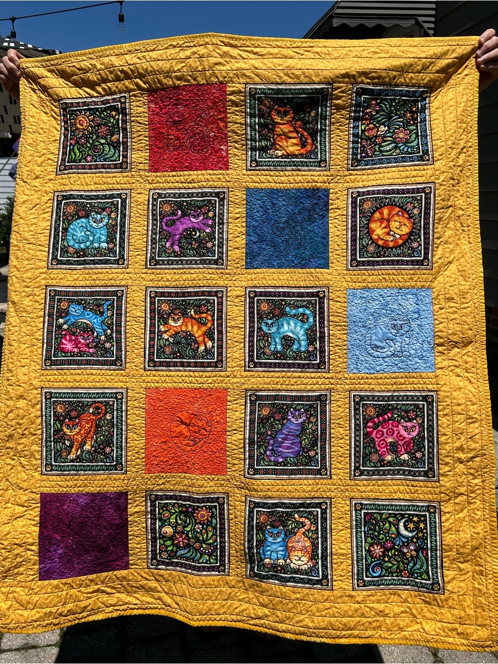 Vintage handmade quilt w/ "Cat-i-tude" collection fabric by artist Laurel Burch